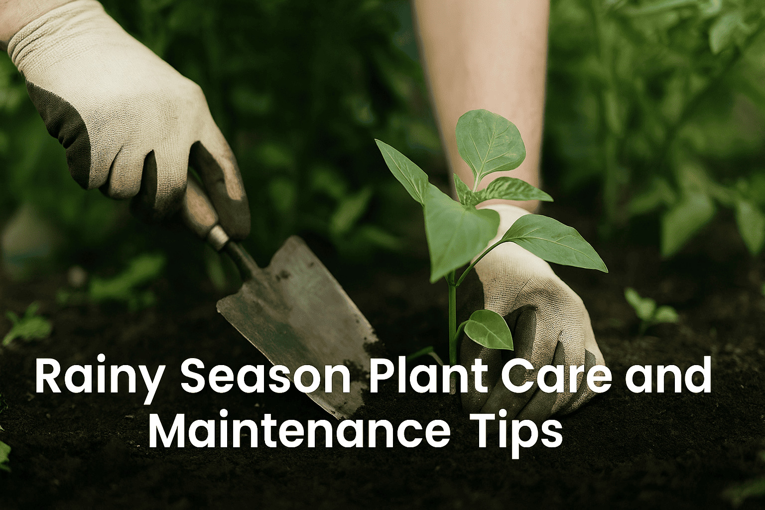 a gardener's hands in the process of caring for a young plant during the rainy season, ideal for monsoon plant maintenance tips – Urban Plant